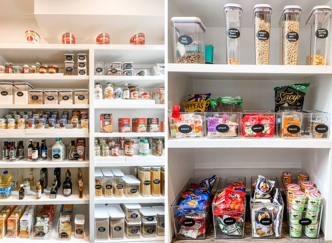 pantry organization with clear labeled bins