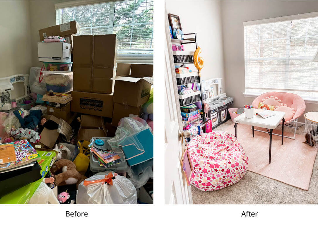 Playroom before and after unpacking and organizing job apex nc