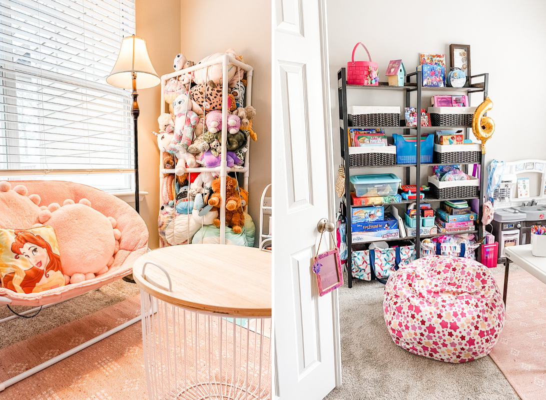 Girl playroom with pink chair, stuffed animal cage, and tall organized shelves.