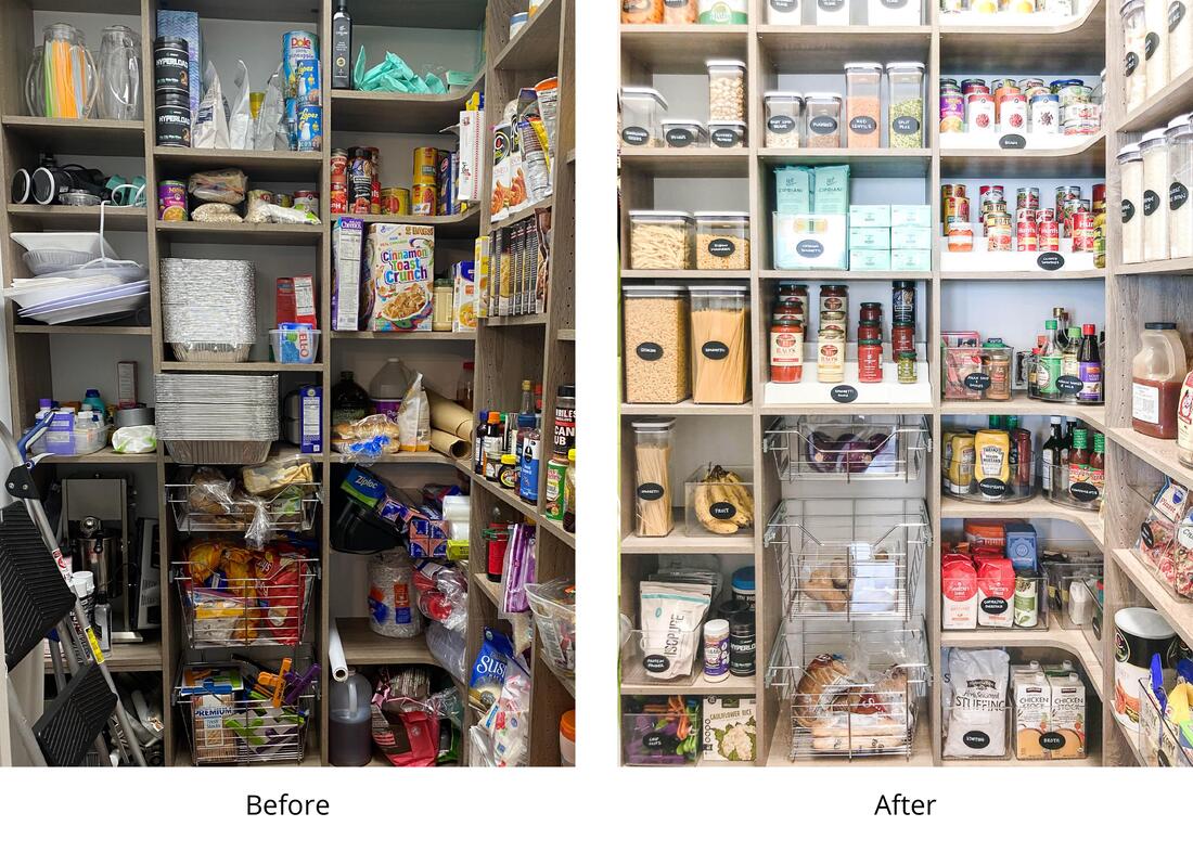 Large brown pantry before and after with clear bins and chalkboard labels