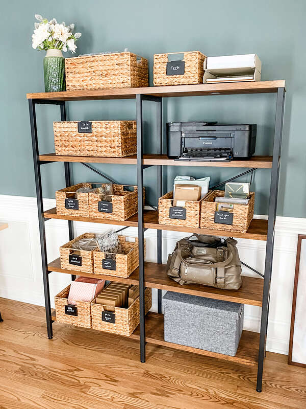 Organized office shelves with hyacinth baskets and labels Raleigh nc