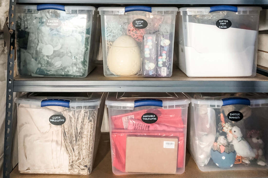 Easter storage in clear bins with blackboard labels cary nc