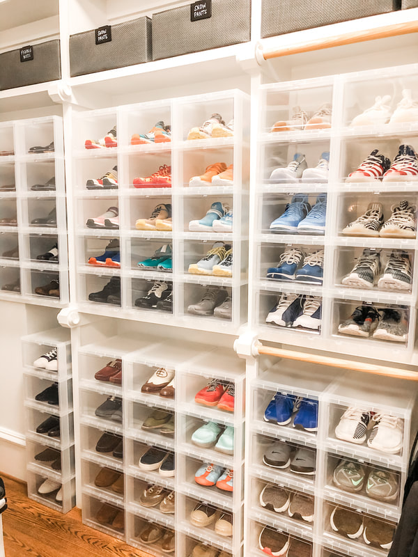 Organized shoe and sneaker wall in primary closet cary nc